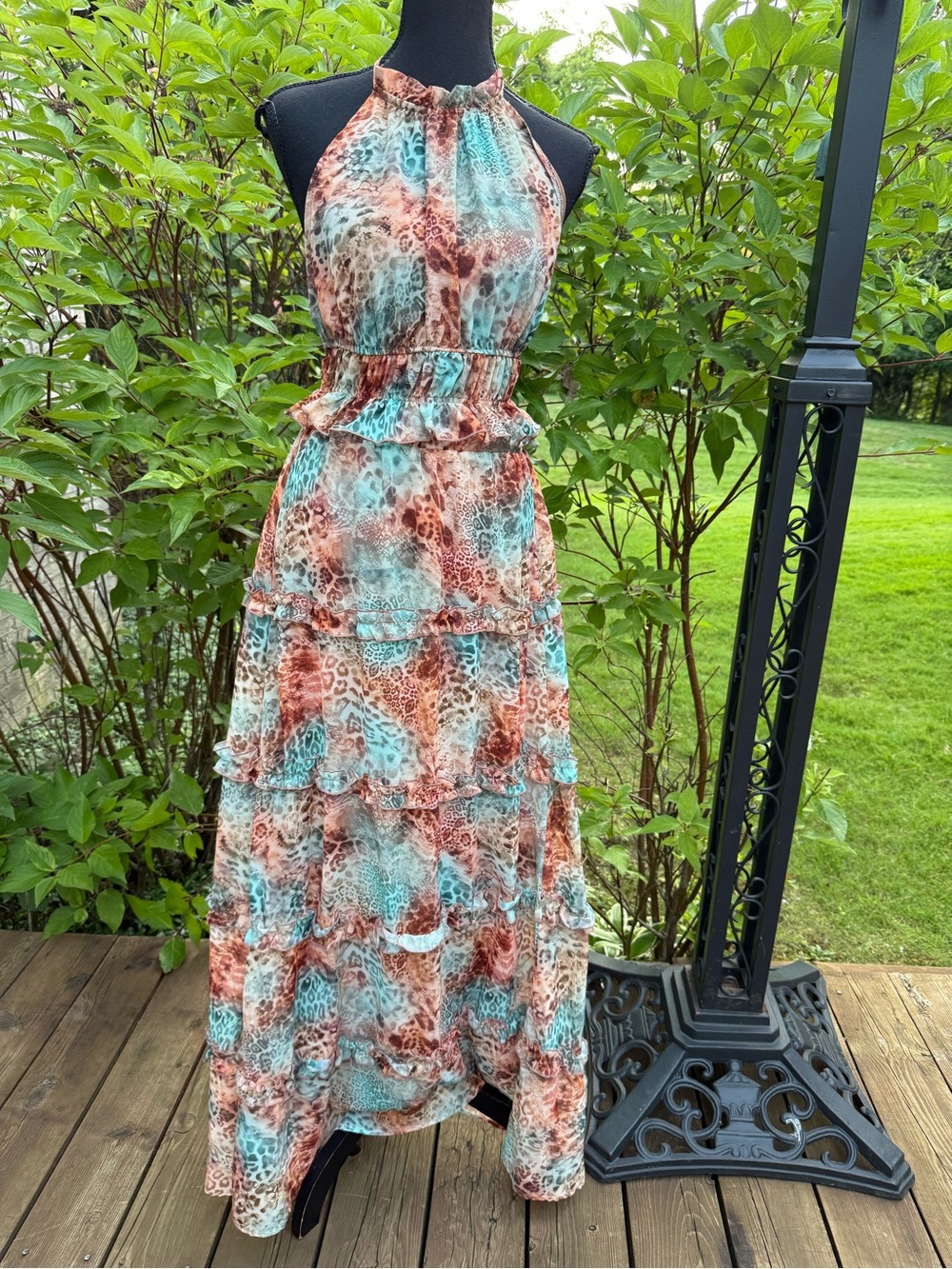 Sleeveless Tiered Halter two-piece Maxi Dress in Teal and Rust size S US 4 SHEIN